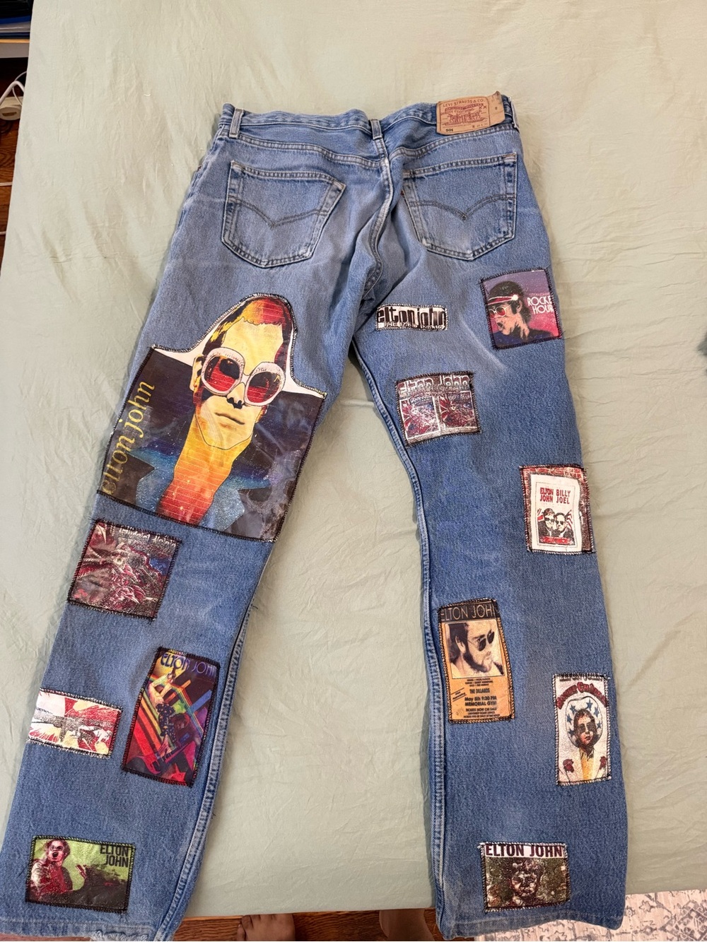 Vintage-Inspired Blue Patchwork Jeans - Elton John Graphic